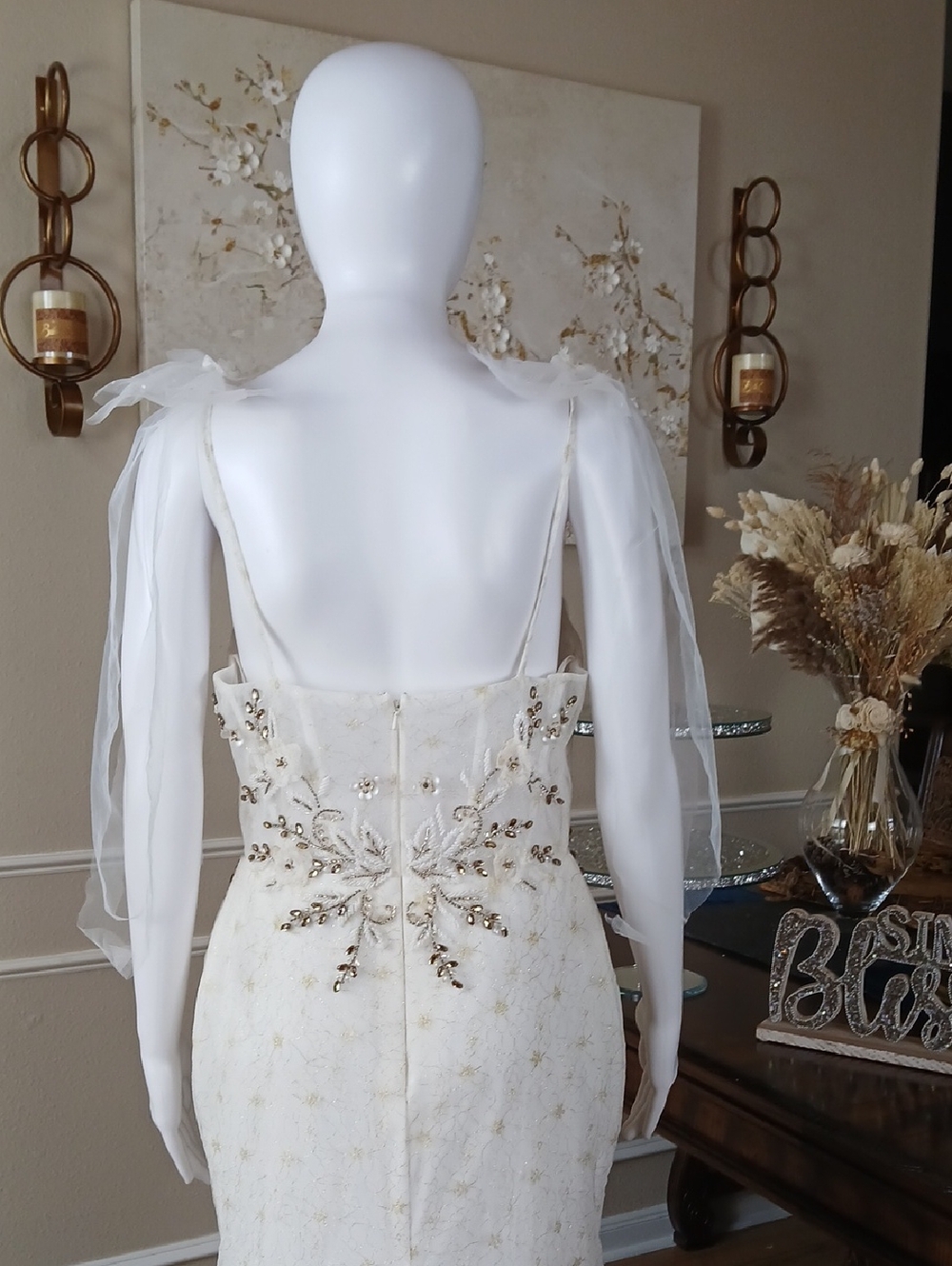 Mac Duggal White And Gold Crystals Tulle Bridal Mermaid Gown with Bow Straps - Picture 15 of 16